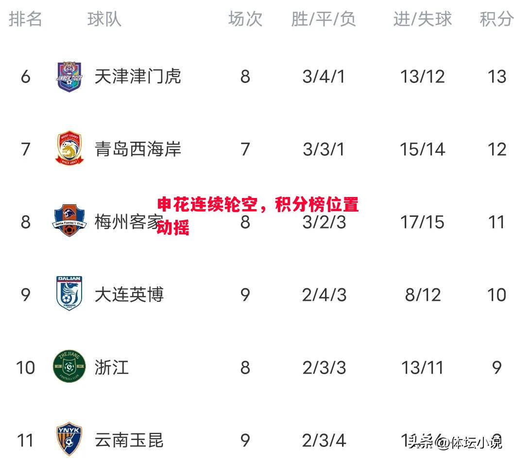申花连续轮空，积分榜位置动摇