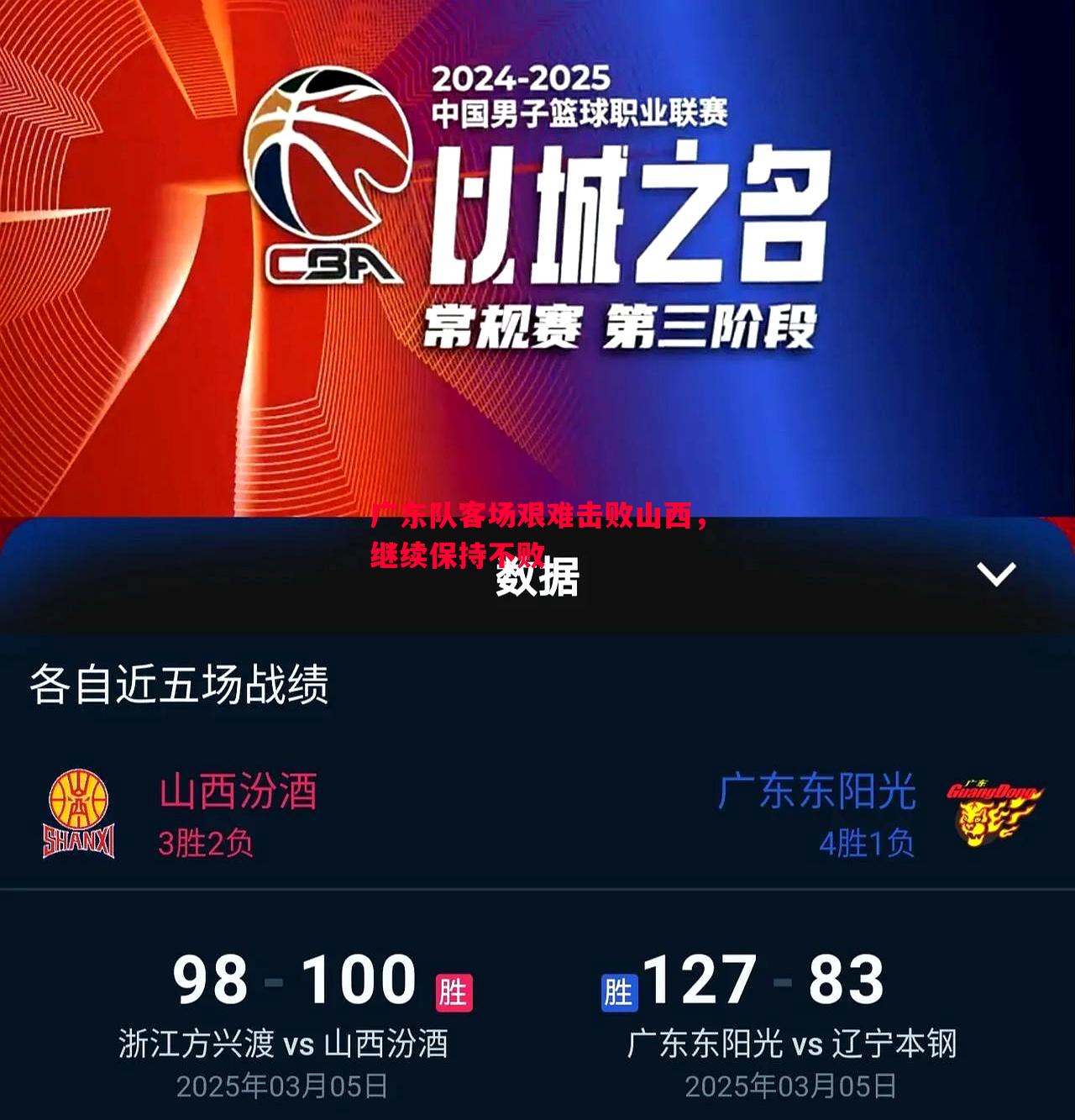 广东队客场艰难击败山西，继续保持不败