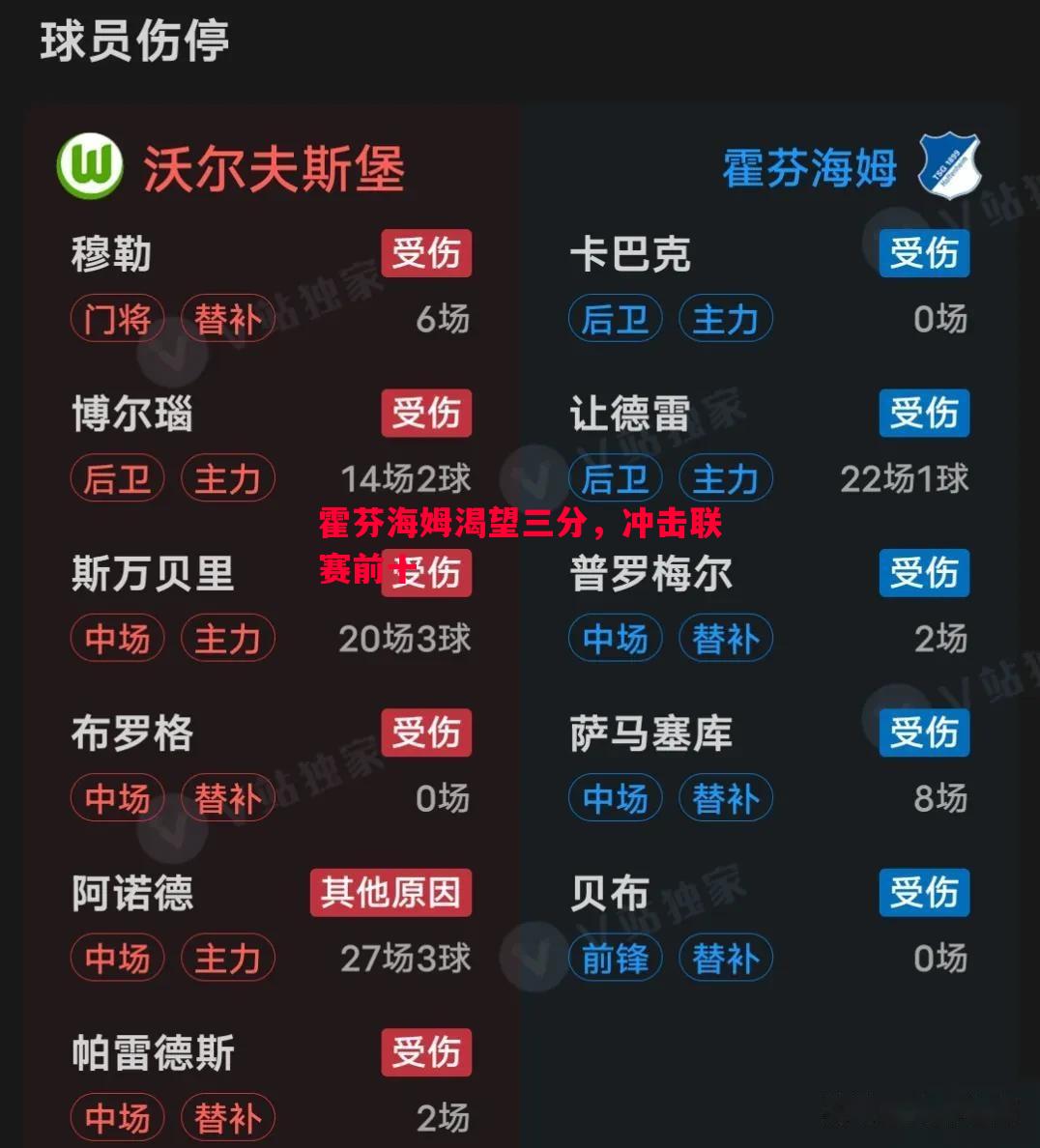 霍芬海姆渴望三分,冲击联赛前十 霍芬海姆渴望三分,冲击联赛前十